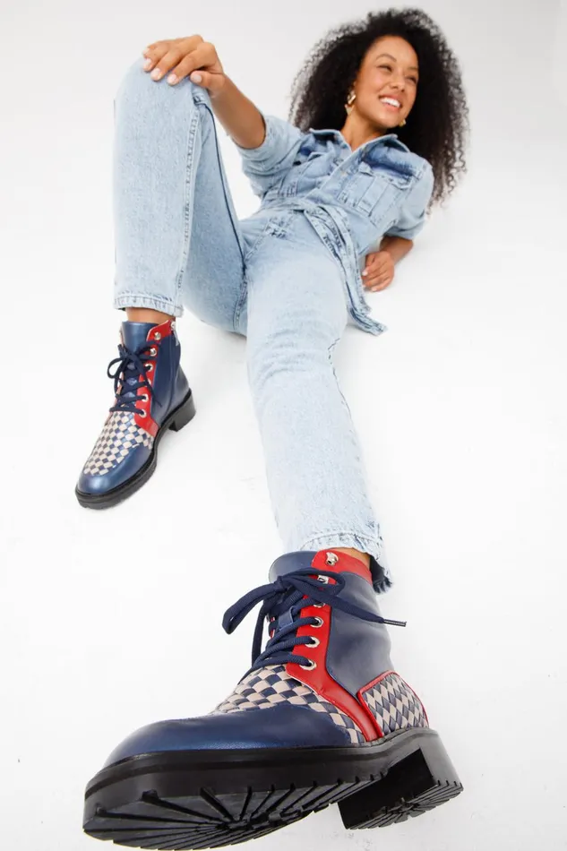 Vinci Leather Boots and Booties The Black River Navy Blue Handwoven Leather Ankle Boot 8211 Women