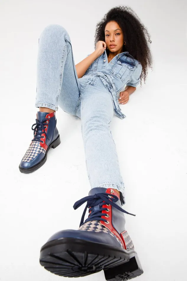 Vinci Leather Boots and Booties The Black River Navy Blue Handwoven Leather Ankle Boot 8211 Women