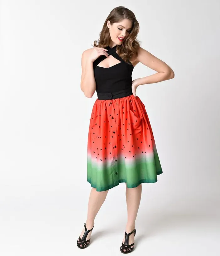Watermelon Ombre Button Up Elora Swing Skirt Clothing Unique Vintage Skirts
