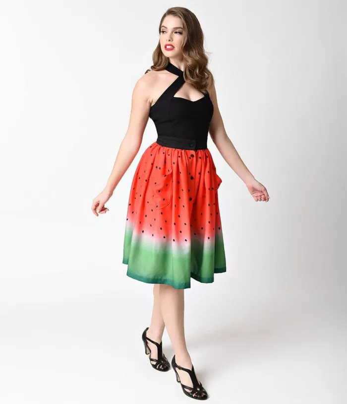 Watermelon Ombre Button Up Elora Swing Skirt Clothing Unique Vintage Skirts