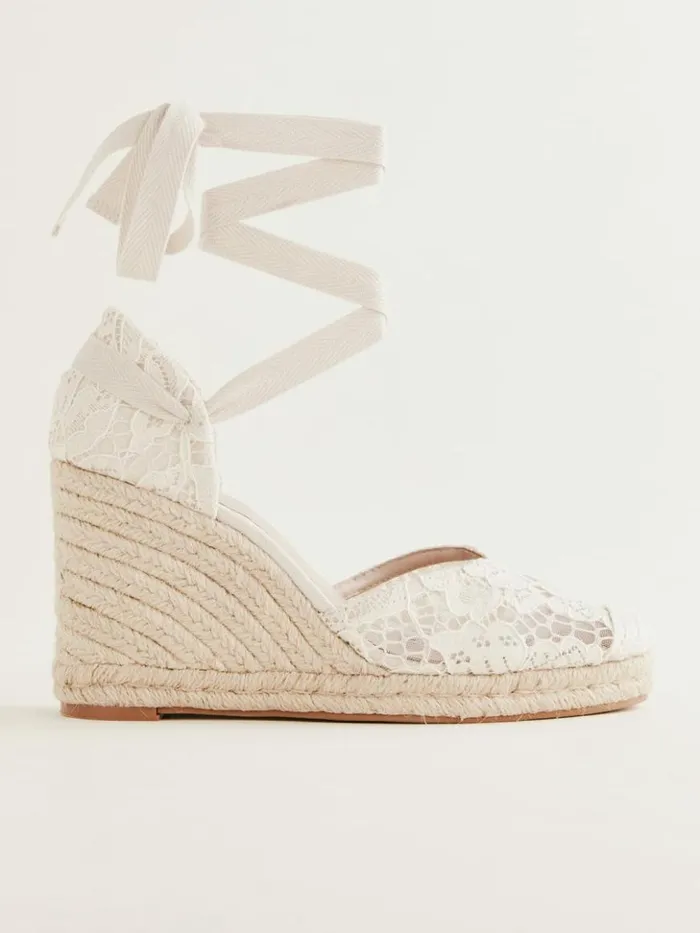 Weddings The Reformation Camilla Lace Up Wedge Espadrille White Lace