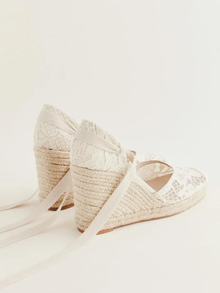 Weddings The Reformation Camilla Lace Up Wedge Espadrille White Lace