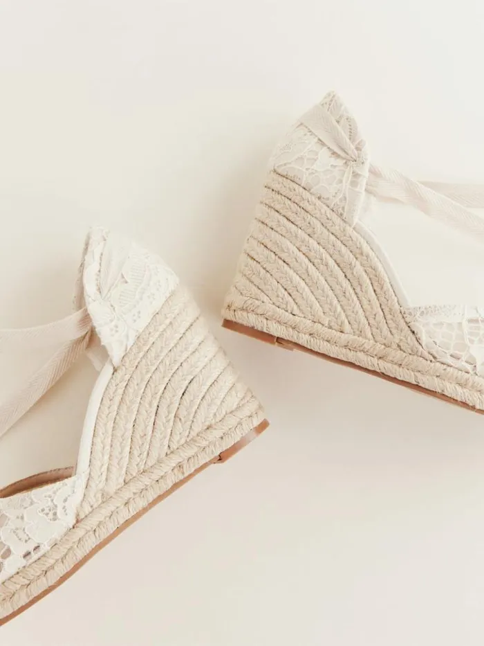 Weddings The Reformation Camilla Lace Up Wedge Espadrille White Lace