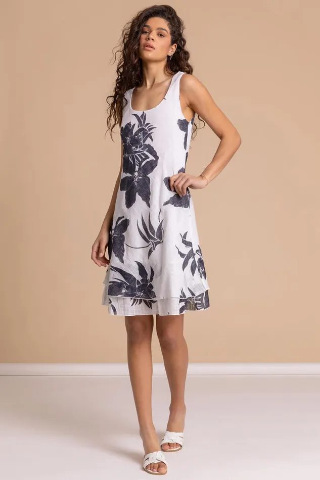 White Floral Print Layered Fit and Flare Dress Women Roman Dresses