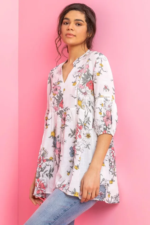 White Floral Print Notch Neck Tunic Top Women Roman Tops