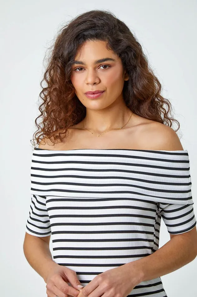 White Stripe Ribbed Stretch Bardot Top Women Roman Tops