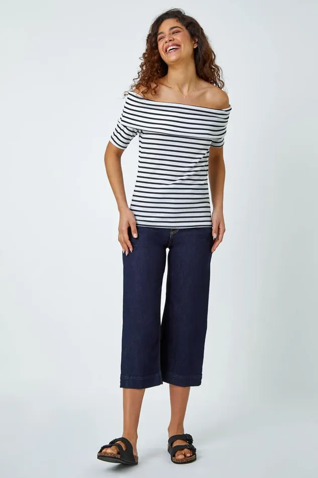 White Stripe Ribbed Stretch Bardot Top Women Roman Tops