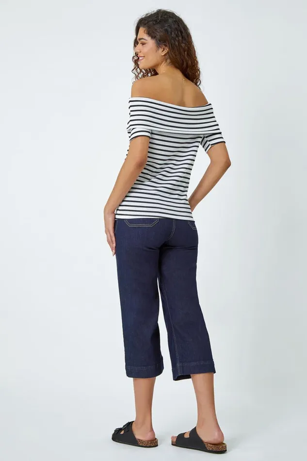 White Stripe Ribbed Stretch Bardot Top Women Roman Tops