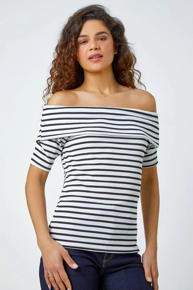 White Stripe Ribbed Stretch Bardot Top Women Roman Tops