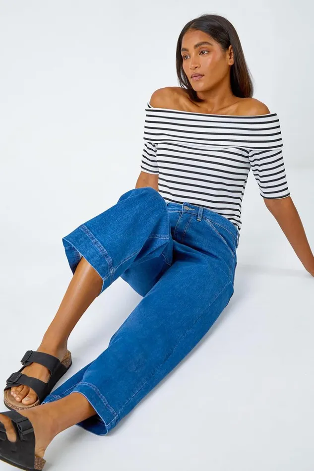 White Stripe Ribbed Stretch Bardot Top Women Roman Tops