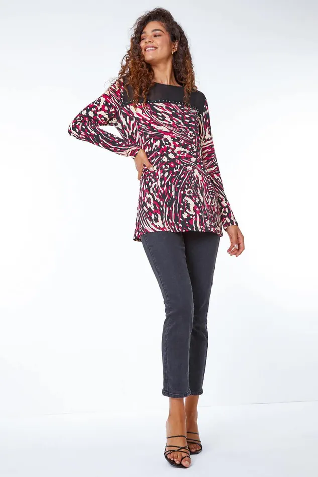 Wine Animal Stud Detail Stretch Tunic Top Women Roman Tops