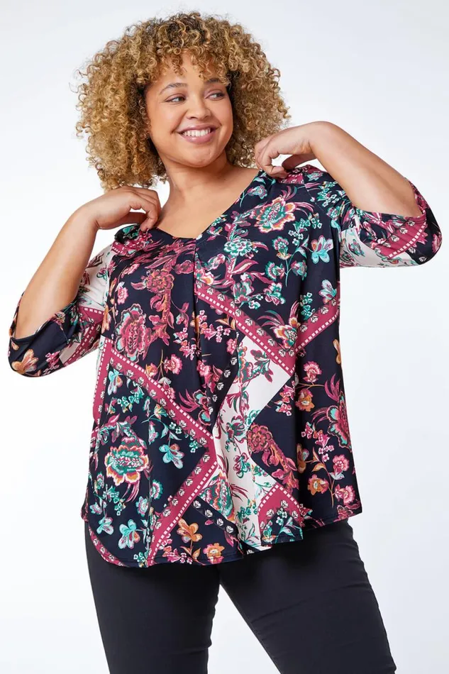 Wine Curve Tile Print Tunic Top Women Roman Tops