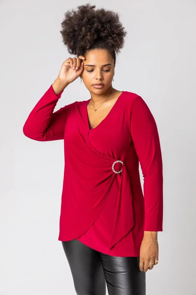Wine Curve Wrap Diamante Buckle Top Women Roman Tops