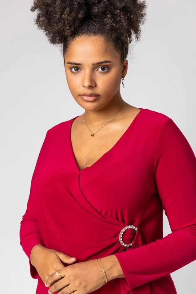 Wine Curve Wrap Diamante Buckle Top Women Roman Tops