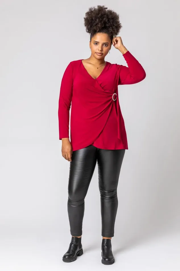 Wine Curve Wrap Diamante Buckle Top Women Roman Tops