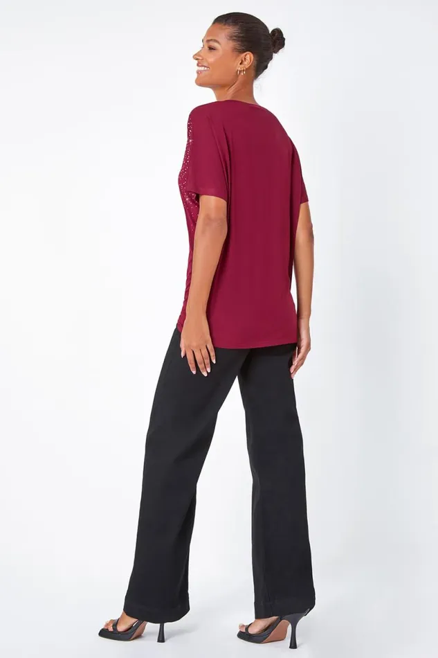 Wine Embellished Stretch TShirt Women Roman Tops