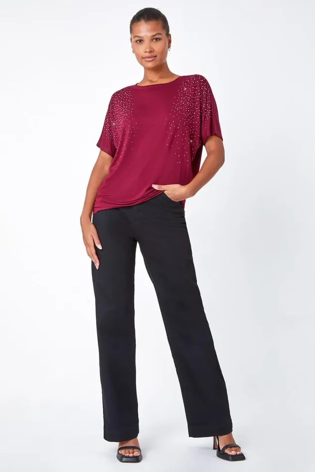 Wine Embellished Stretch TShirt Women Roman Tops