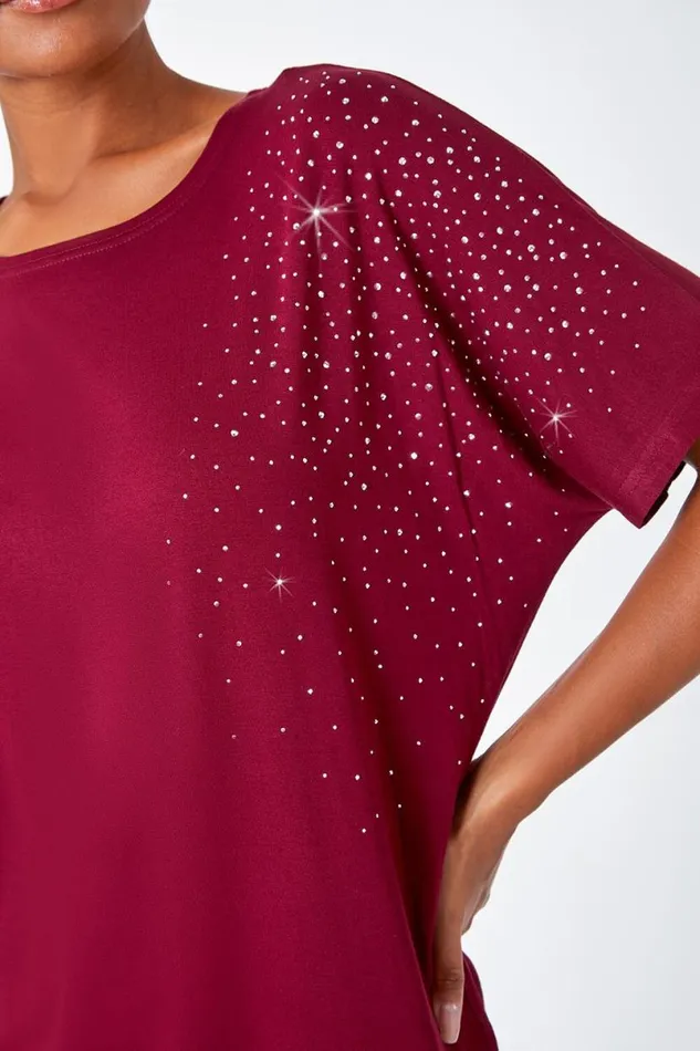 Wine Embellished Stretch TShirt Women Roman Tops