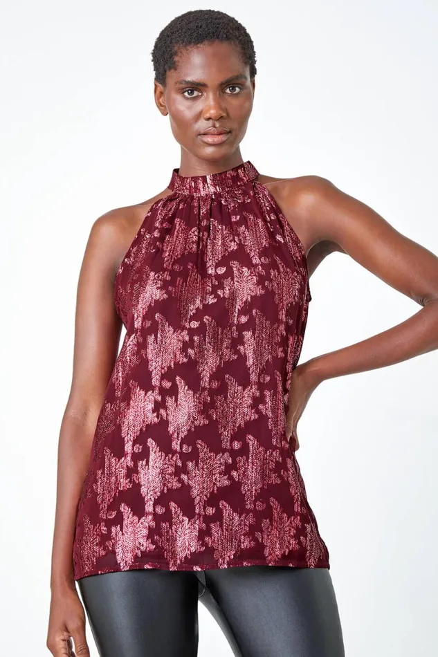 Wine Metallic Floral Print Halter Neck Top Women Roman Tops