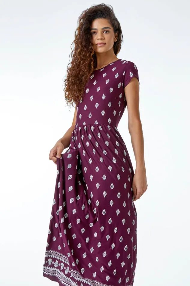Wine Paisley Border Print Maxi Dress Women Roman Dresses
