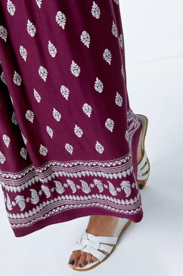 Wine Paisley Border Print Maxi Dress Women Roman Dresses