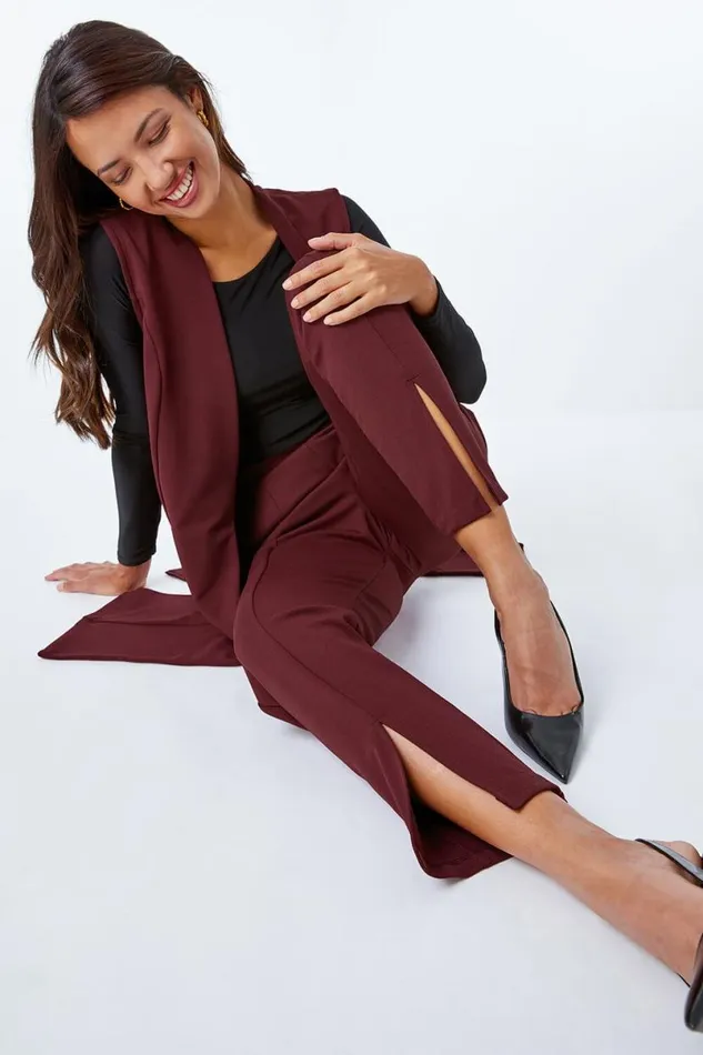 Wine Premium Stretch Split Hem Trouser Women Roman Occasionwear
