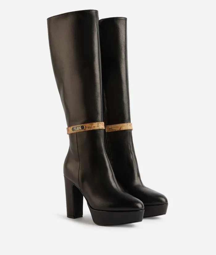 Woman Boots and Booties Alviero Martini Smooth Napa Leather Heeled Boots With 1 Classe Enamelled Tag Black