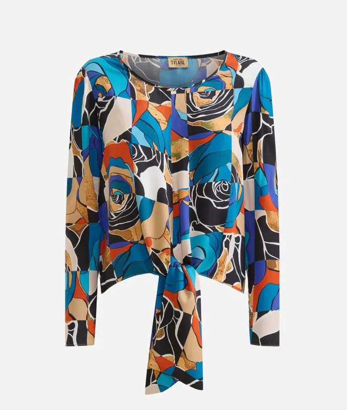 Woman Knitwears Shirts and Tops Alviero Martini Desert Rose Print Viscose Blouse With Knot Blue