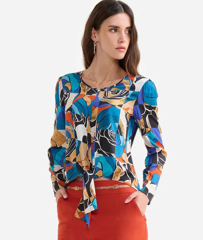 Woman Knitwears Shirts and Tops Alviero Martini Desert Rose Print Viscose Blouse With Knot Blue