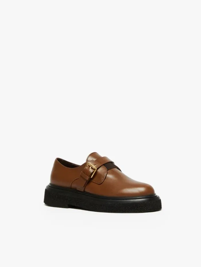 Woman Leather Loafers With Strap Tobacco Maxmara Flat Shoes