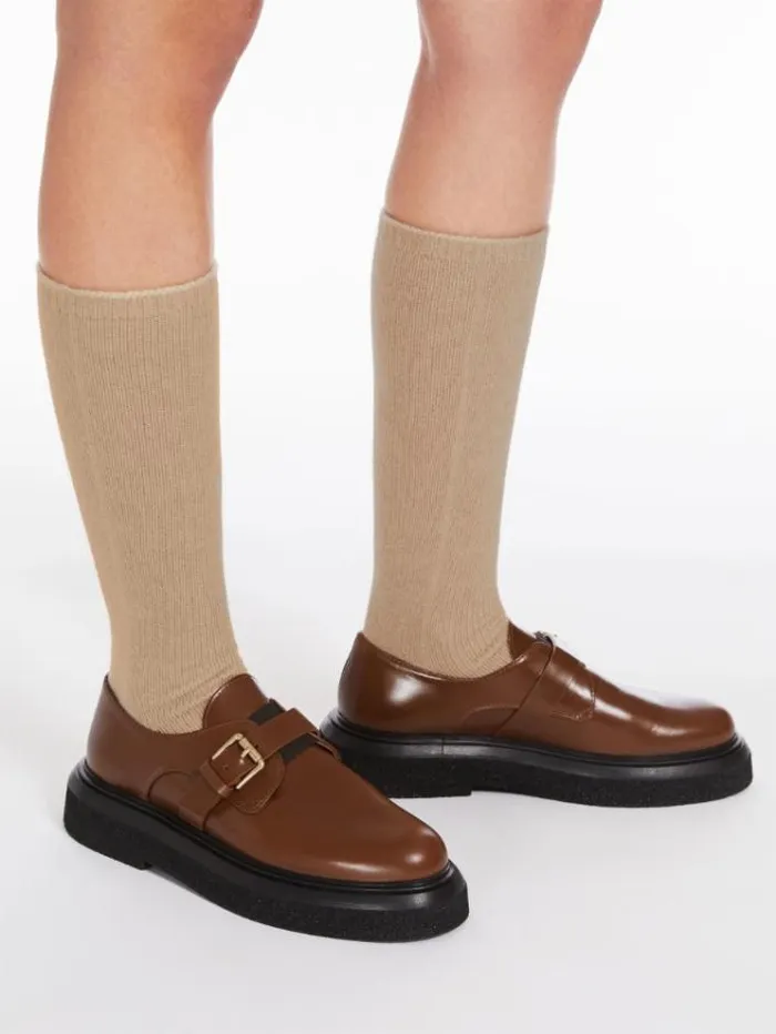 Woman Leather Loafers With Strap Tobacco Maxmara Flat Shoes Woman Leather Loafers With Strap Tobacco Maxmara Flat Shoes