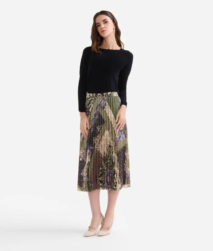 Woman Skirts and Trousers Alviero Martini Pleated Twill Skirt With Geo Patchwork Foulard Print Green