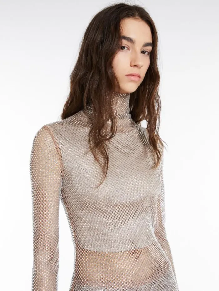 Woman Turtle Neck In Mesh With Rhinestones Nudo Maxmara Tshirts Woman Turtle Neck In Mesh With Rhinestones Nudo Maxmara Tshirts