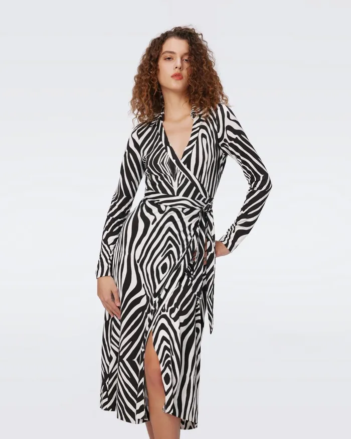 Women Abigail Silk Jersey Long Sleeve Midi Wrap Dress Huge Zebra Ivory DVF Dresses