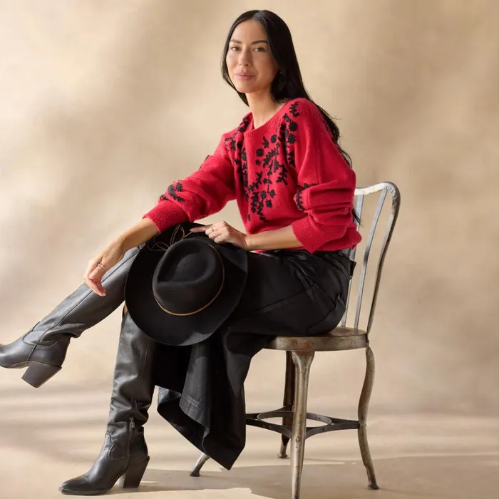 Women Anya Vines Sweater Rhythmic Red Sundance Catalog Sweaters Women Anya Vines Sweater Rhythmic Red Sundance Catalog Sweaters