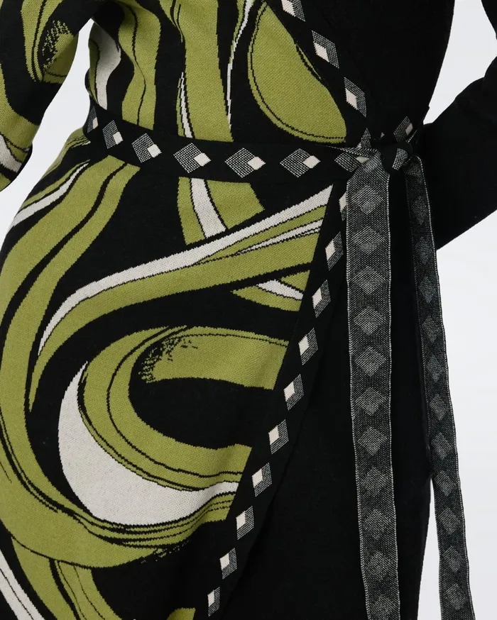 Women Aubrey Knit Jacquard Wrap Dress Huge Cass Tape Shadown Green And Black DVF Dresses