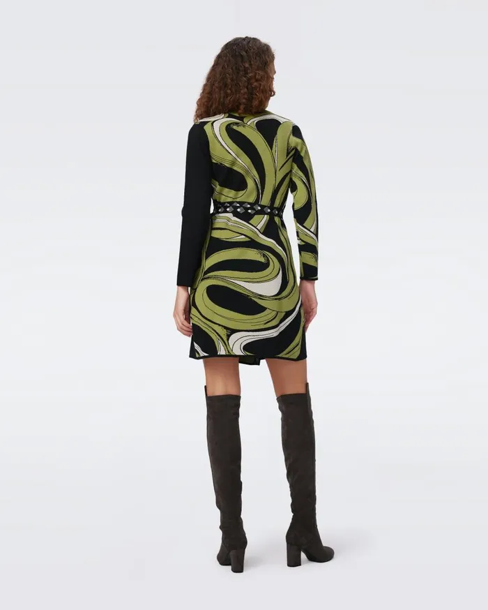 Women Aubrey Knit Jacquard Wrap Dress Huge Cass Tape Shadown Green And Black DVF Dresses