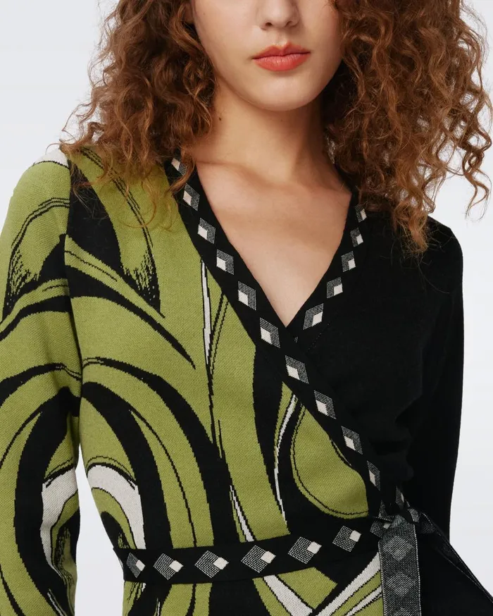 Women Aubrey Knit Jacquard Wrap Dress Huge Cass Tape Shadown Green And Black DVF Dresses