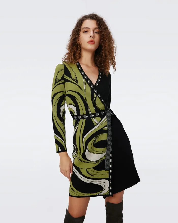 Women Aubrey Knit Jacquard Wrap Dress Huge Cass Tape Shadown Green And Black DVF Dresses
