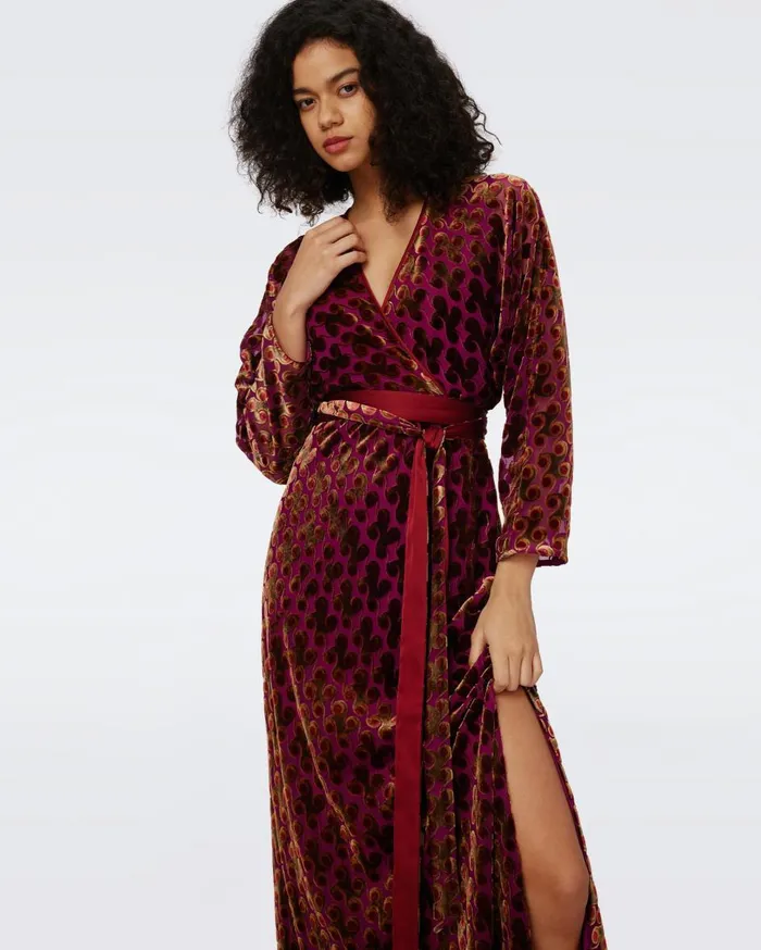 Women Babette Velvet Wrap Dress Curtain Call Black And Velvet Plum DVF Dresses