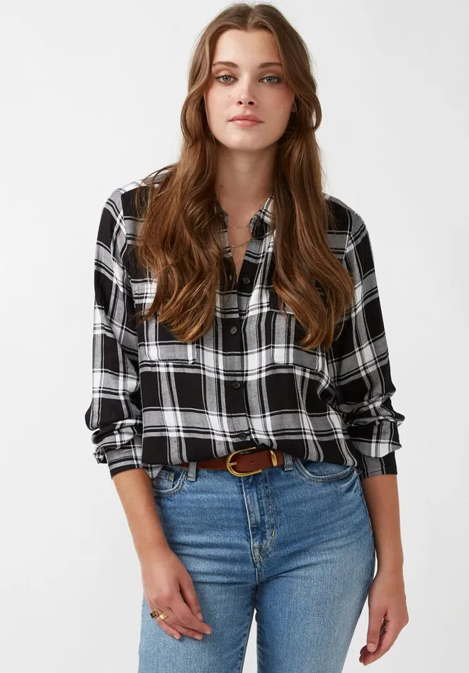 Women Beverley ButtonDown Blouse Blk Wht Plaid Buffalo David Bitton Blouses