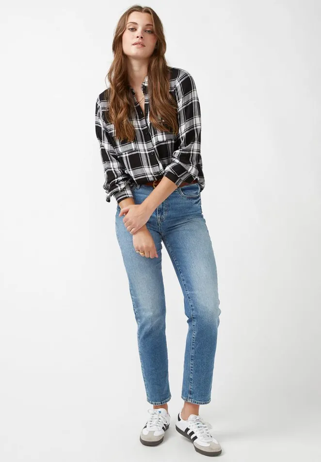 Women Beverley ButtonDown Blouse Blk Wht Plaid Buffalo David Bitton Blouses