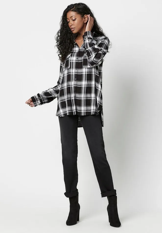 Women Beverley ButtonDown Blouse Blk Wht Plaid Buffalo David Bitton Blouses