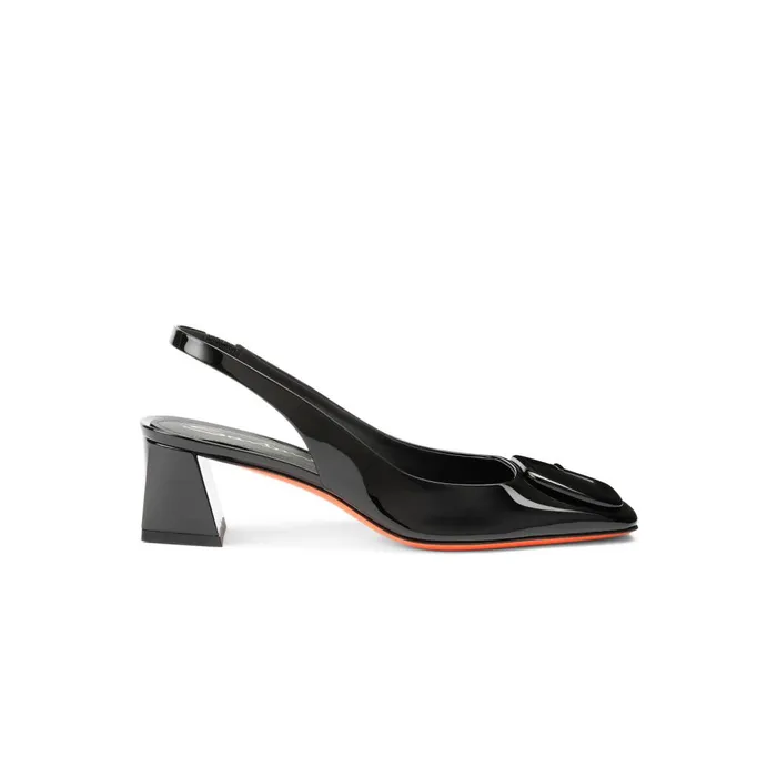 Women Black Patent Leather MidHeel Slingback Santoni Pumps and Heels