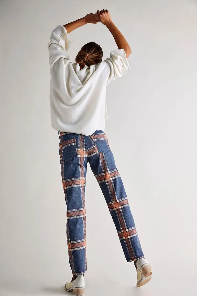 Women Boyfriend Jeans Free People Baker Plaid Boyfriend Jeans Tokyo Blue Plaid