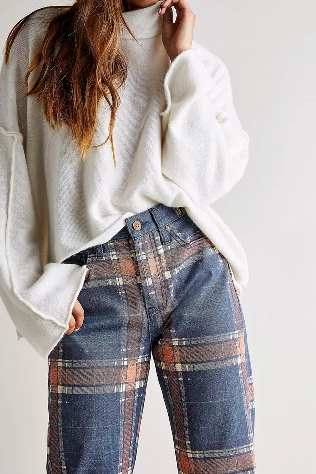 Women Boyfriend Jeans Free People Baker Plaid Boyfriend Jeans Tokyo Blue Plaid