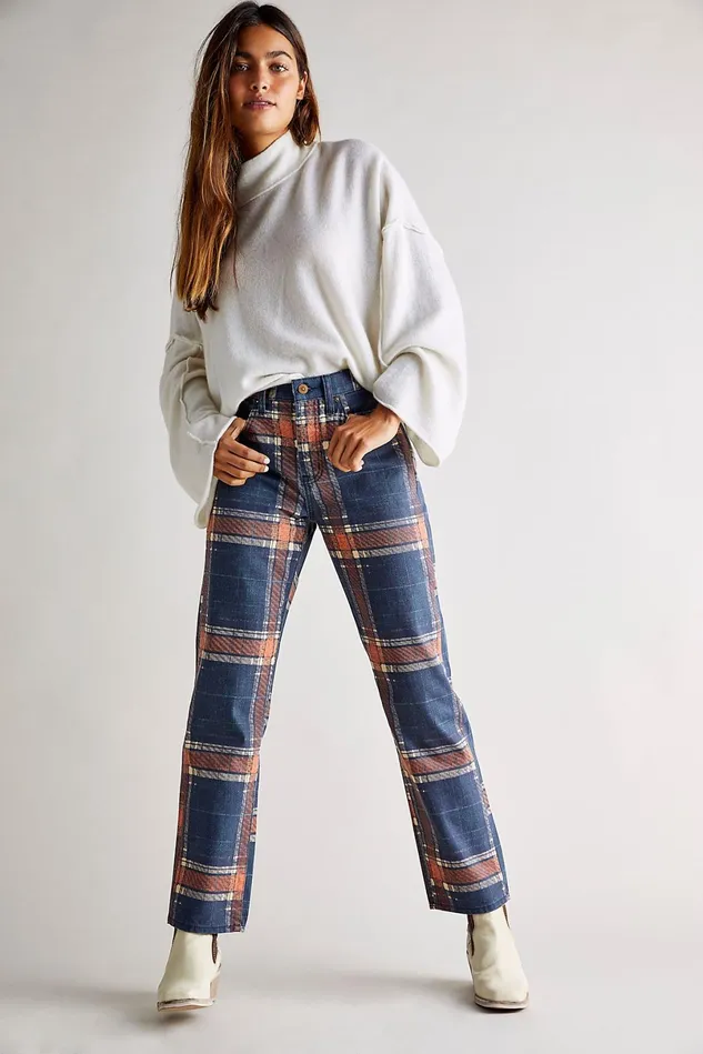 Women Boyfriend Jeans Free People Baker Plaid Boyfriend Jeans Tokyo Blue Plaid