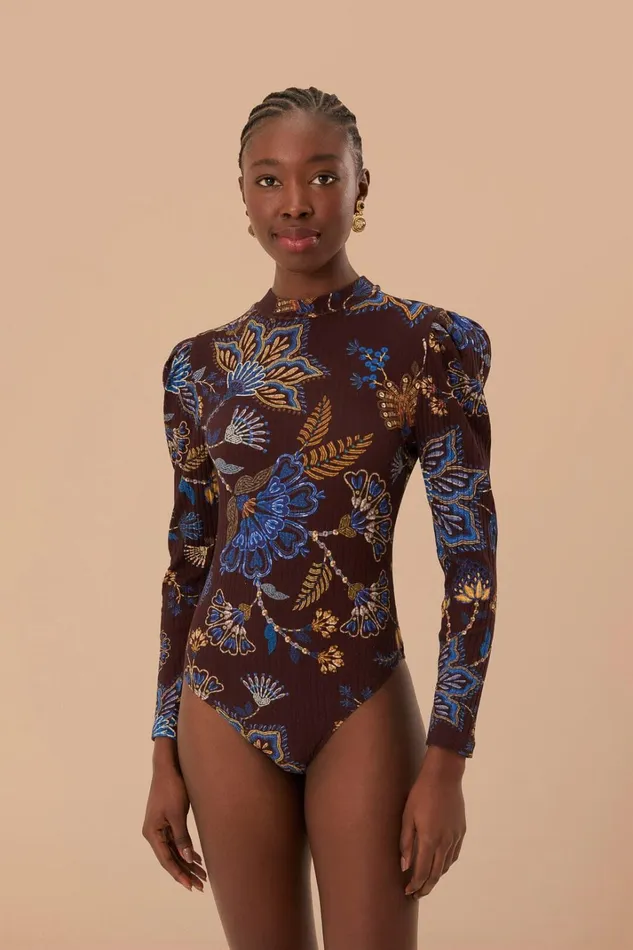 Women Brown Embroidered Garden Bodysuit Embroidered Garden Brown FARM Rio Bodysuits