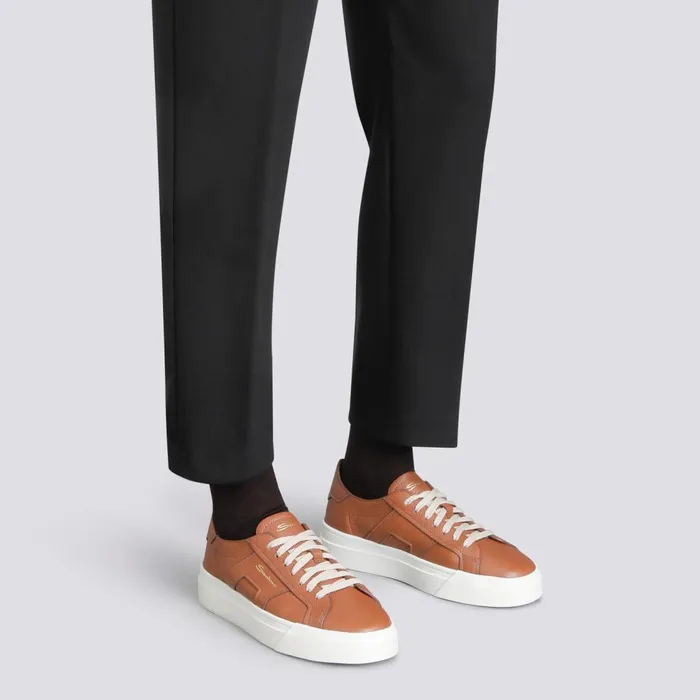 Women Brown Tumbled Leather Double Buckle Sneaker Santoni Sneakers