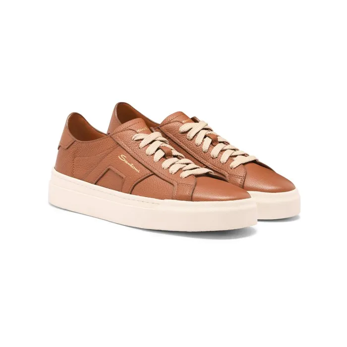 Women Brown Tumbled Leather Double Buckle Sneaker Santoni Sneakers